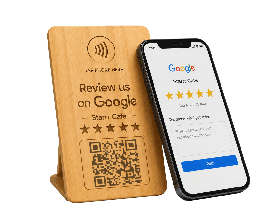 Starrr Tap NFC review stand with a phone showing the Google review page for Starrr Cafe